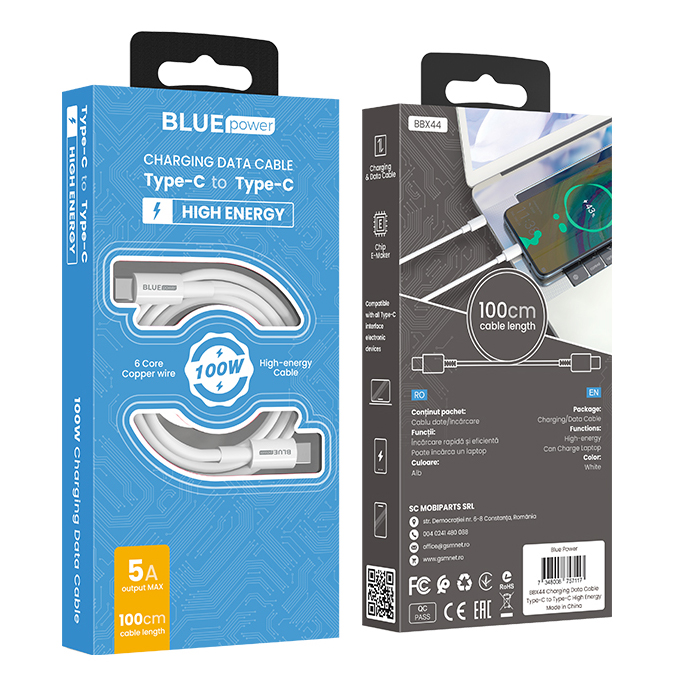 Type-C to Type-C Cable BLUE Power BBX44, 5A, 1m White (EU Blister)