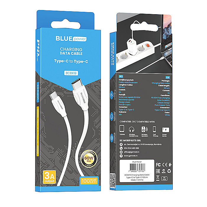 Type-C to Type-C Cable BLUE Power B1BX19, 1m White (EU Blister)