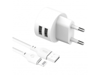 Wall Charger XO Design L62, 2.4A, 2x USB with Lightning Cable White (EU Blister)