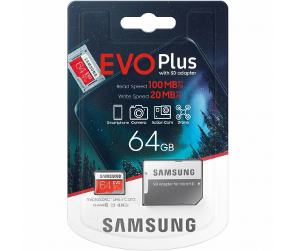 microSDXC Memory Card Samsung Evo Plus with Adapter, 64Gb, Class 10 / UHS-1 U1 MB-MC64HA/EU
