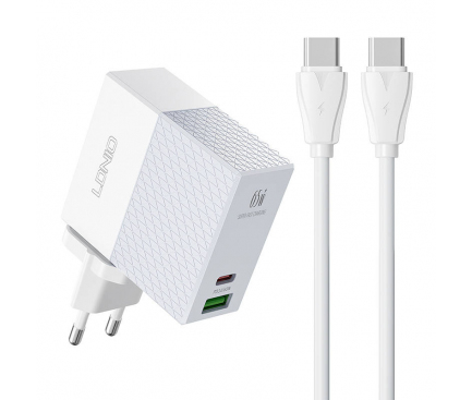 Wall Charger Ldnio A2620C, 65W, 3A, 1 x USB-A - 1 x USB-C, with USB-C Cable, White