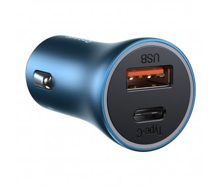 Car Charger Baseus Golden Contactor, 40W, 3A, 1 x USB-A - 1 x USB-C, with Lightning Cable, Blue TZCCJD-03 
