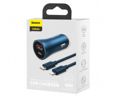 Car Charger Baseus Golden Contactor, 40W, 3A, 1 x USB-A - 1 x USB-C, with Lightning Cable, Blue TZCCJD-03 