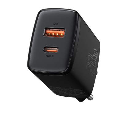 Wall Charger Baseus Compact, 20W, 3A, 1 x USB-A - 1 x USB-C, Black CCXJ-B01 