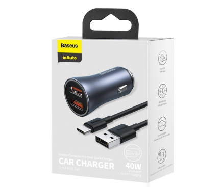 Car Charger Baseus Golden Contactor Pro Dual, 40W, 3A, 2 x USB-A, with USB-C Cable, Grey TZCCJD-A0G 