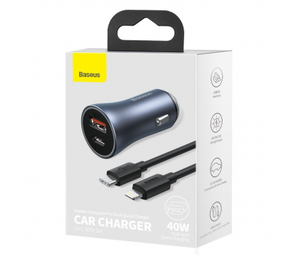 Car Charger Baseus Golden Contactor, 40W, 3A, 1 x USB-A - 1 x USB-C, with Lightning Cable, Grey TZCCJD-B0G 