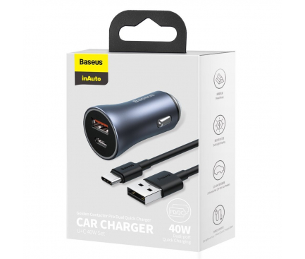 Car Charger Baseus Golden Contactor, 40W, 5A, 1 x USB-A - 1 x USB-C, with USB-C Cable, Grey TZCCJD-0G 