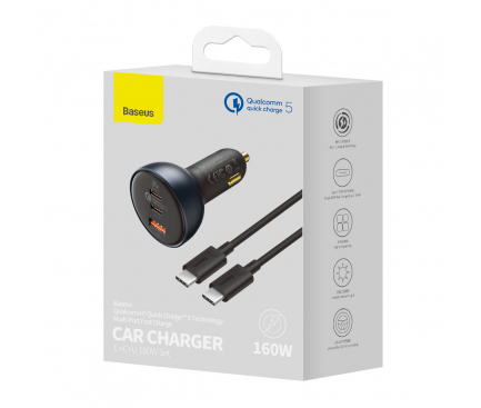 Car Charger Baseus Qualcomm, 160W, 3A, 2 x USB-A, with USB-C Cable, Grey TZCCZM-0G 