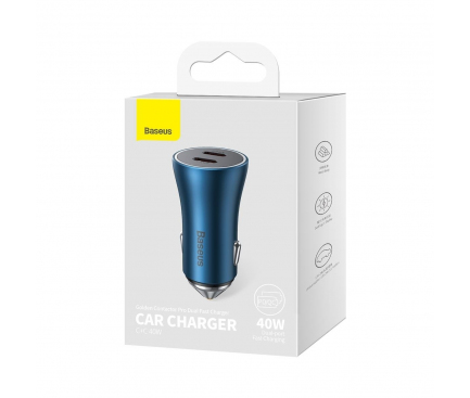 Car Charger Baseus Golden Contactor Pro, 40W, 3A, 2 x USB-C, Blue 