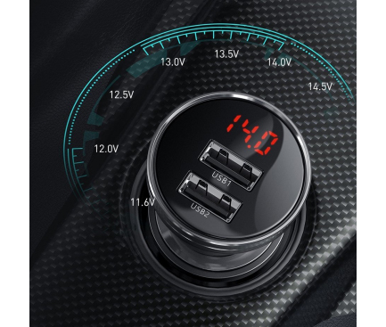 Car Charger Baseus Digital Display, 24W, 2.4A, 2 x USB-A, with Lightning / microUSB / USB-C Cable, Grey TZCCBX-0G 