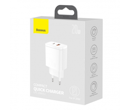 Wall Charger Baseus Compact, 20W, 3A, 1 x USB-A - 1 x USB-C, White CCXJ-B02 