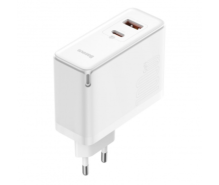 Wall Charger Baseus GaN5 Pro, 100W, 5A, 1 x USB-A - 1 x USB-C, with USB-C Cable, White CCGP090202 