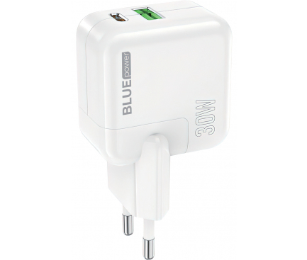 Wall Charger Blue Power, 30W, 3A, 1 x USB-A - 1 x USB-C, White 
