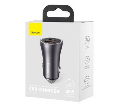 Car Charger Baseus Golden Contactor Max, 60W, 3A, 1 x USB-A - 1 x USB-C, Grey CGJM000113 