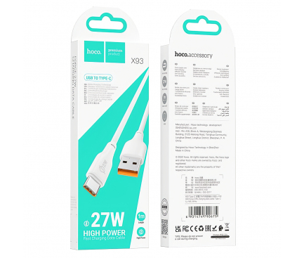 USB-A to USB-C Cable Hoco X93, 27W, 1m, White 