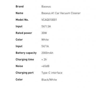 Vacuum Cleaner Baseus A1, White VCAQ010002 
