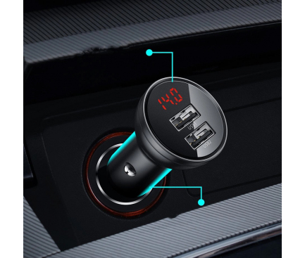 Car Charger Baseus Digital Display, 24W, 2.4A, 2 x USB-A, Silver CCBX-0S 