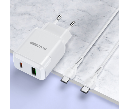 Wall Charger Blue Power BCN5, 20W, 3A, 1 x USB-A - 1 x USB-C, with USB-C Cable, White