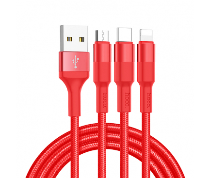 USB-A to Lightning / microUSB / USB-C Charging Cable Hoco X26 Xpress, 18W, 2A, 1m, Red