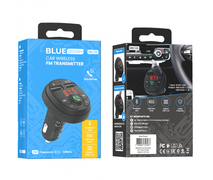 Bluetooth FM Transmitter and Car Charger Blue Power BBC26 Music Joy, 2 x USB-A, Black