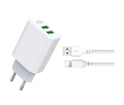 Wall Charger XO DESIGN L85C, 12W, 2.4A, 2 x USB-A, with Lightning Cable, White