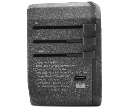 Wall Adapter UNIQ Voyage All in One 33W, 2x USB / 1x USB Type-C Grey (EU Blister)