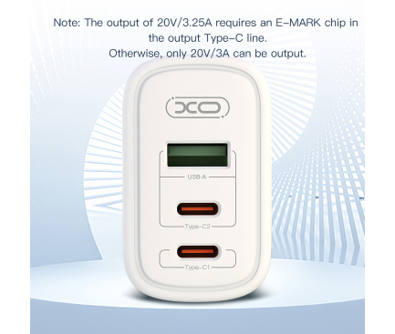 Wall Charger XO Design CE04A, GaN, 65W, 1x USB / 2x Type-C White (EU Blister)