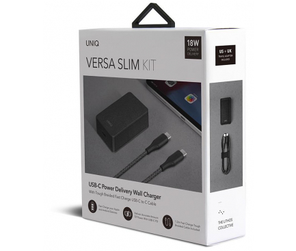 Wall Charger UNIQ Versa Slim 18W, 1x Type-C with Type-C Cable Black (EU Blister)