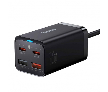 Wall Charger Baseus GaN3 Pro, 65W, 3A, 2 x USB-A - 2 x USB-C, with USB-C Cable, Black