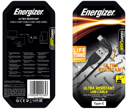 USB-A to USB-C Cable Energizer Lifetime, 18W, 2.4A, 1.2m, Black C41C2AGBKM