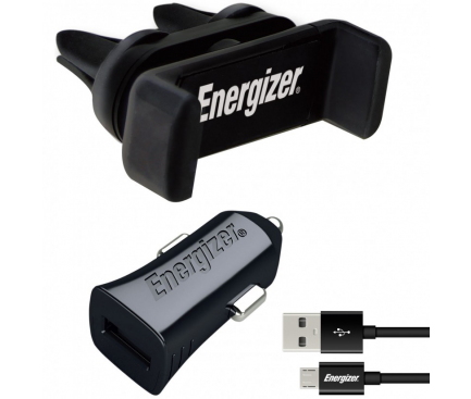 Car Charger Energizer Essentials, 5W, 1A, 1 x USB-A, with microUSB Cable and Vent Holder, Black CKITB1ACMC3