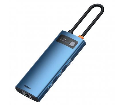 USB-C Hub Baseus Metal Gleam, 3 x USB-A 3.0 - USB-C - HDMI - RJ45, Blue WKWG000003