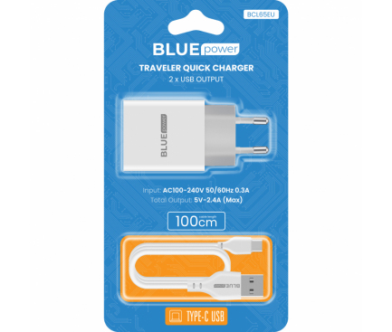 Wall Charger Blue Power L65EU, 12W, 2.4A, 2 x USB-A, with USB-C Cable, White