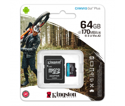microSDXC Memory Card Kingston Canvas Go Plus with Adapter, 64Gb, Class 10 / UHS-1 U3 SDCG3/64GB