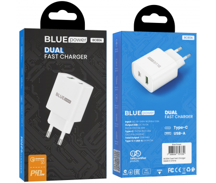 Wall Charger BLUE Power 20W 1x USB / 1x Type-C PD QC3 White BC80A (EU Blister)
