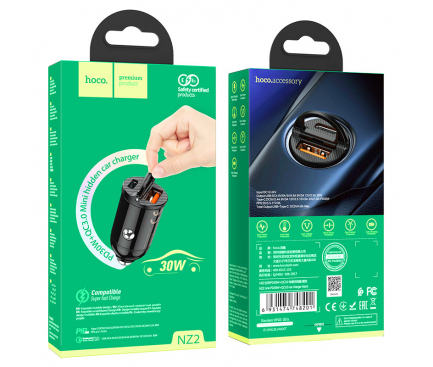 Car Charger Hoco NZ2, 30W, 5A, 1 x USB-A - 1 x USB-C, Black