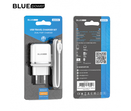 Wall Charger Blue Power BLBA25A, 12W, 2.4A, 2 x USB-A, with Lightning Cable, White