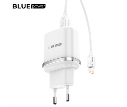 Wall Charger Blue Power BLBA25A, 12W, 2.4A, 2 x USB-A, with Lightning Cable, White