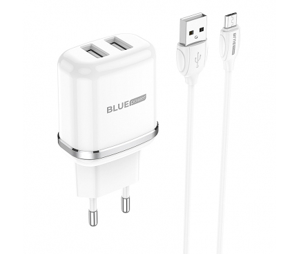 Wall Charger Blue Power BMBA25A, 12W, 2.4A, 2 x USB-A, with microUSB Cable, White